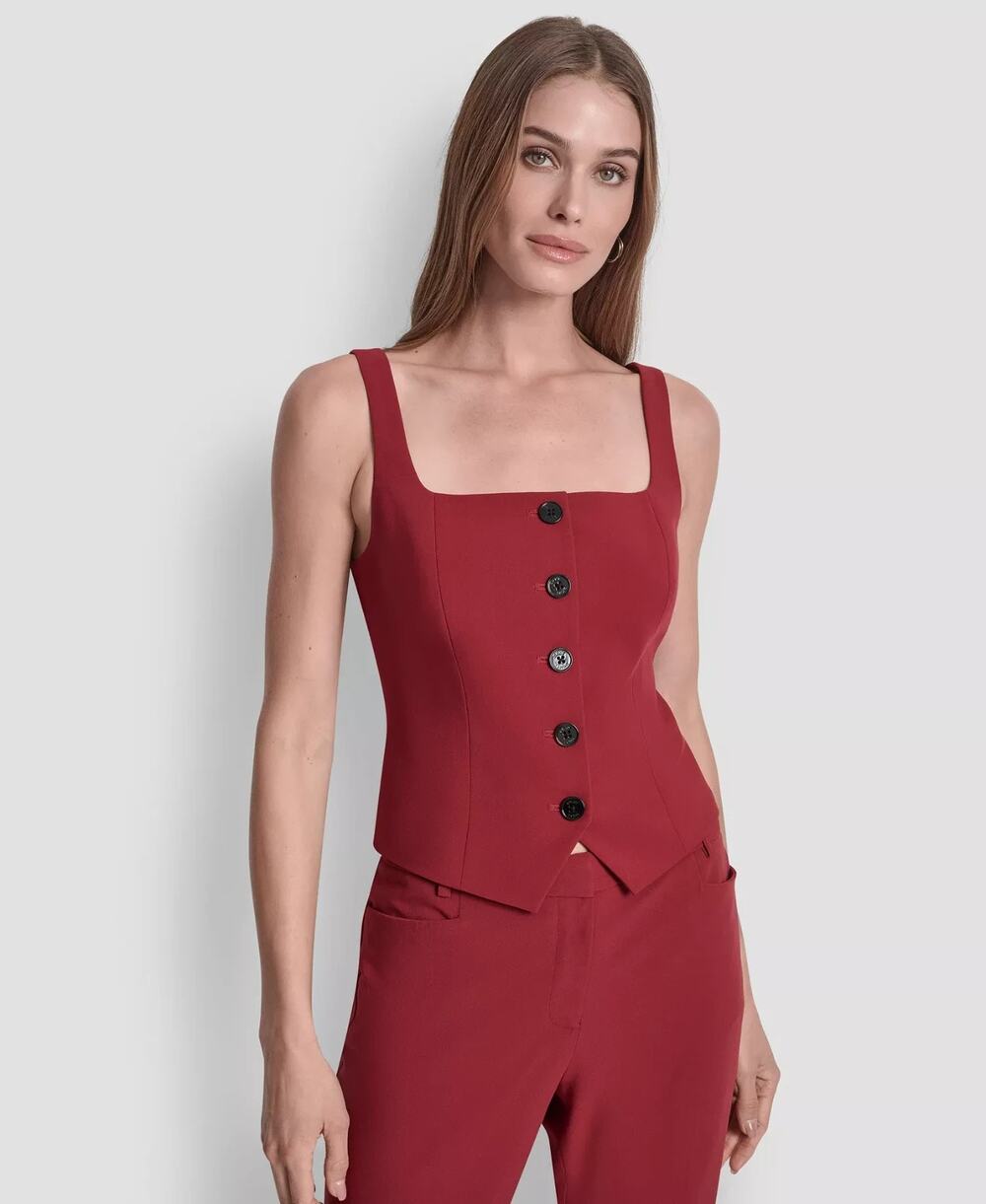 DKNY Women's Square Neck Button Front Vest Burgundy Size 4 2850